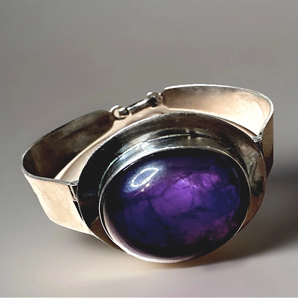 Sterling Brutalist Modern Cuff Bracelet,Genuine Natural Polished 1”Amethyst